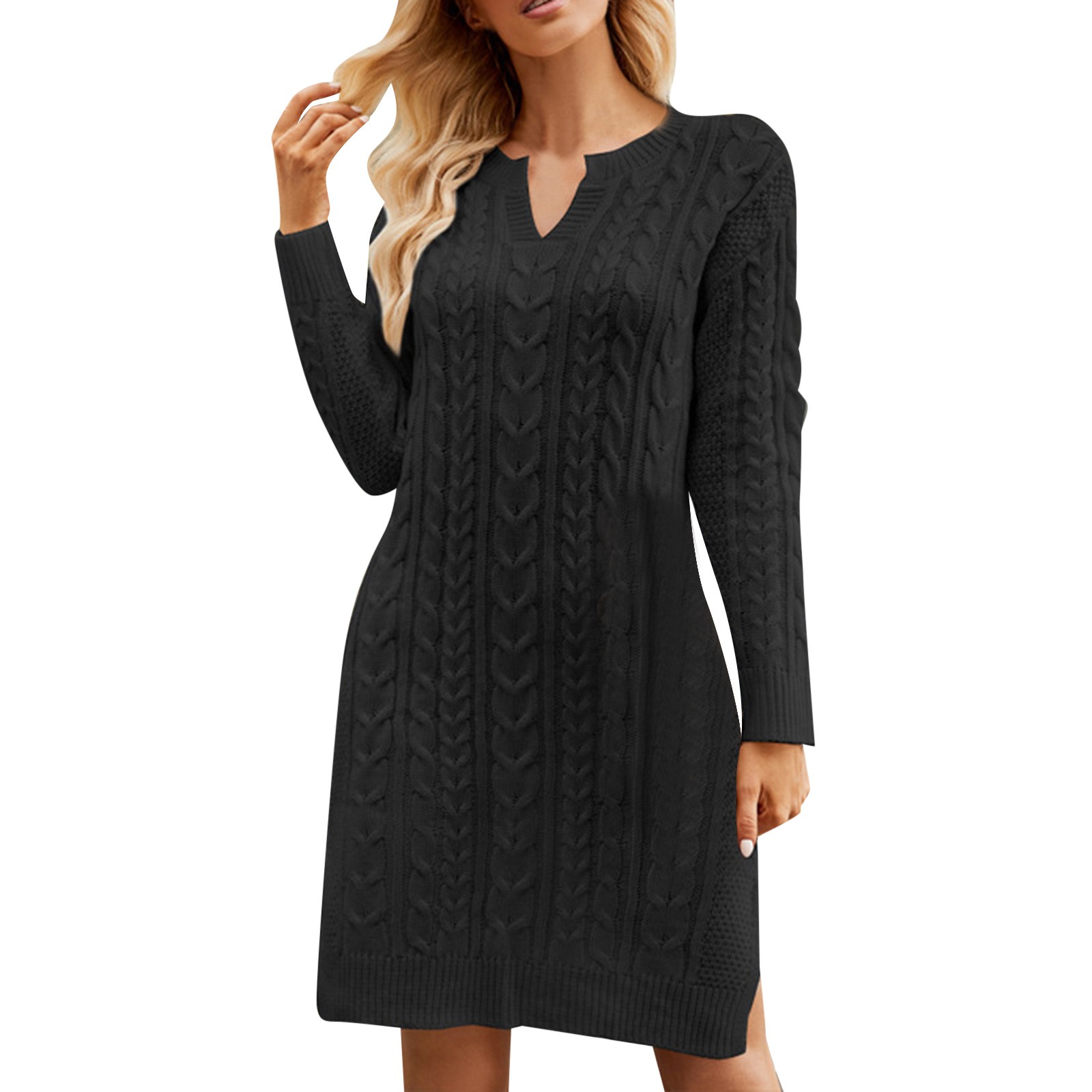 Vestido de punto de largo medio para mujer: diseño liso con abertura, estilo jersey, abrigado para el invierno (tallas S-XXL)